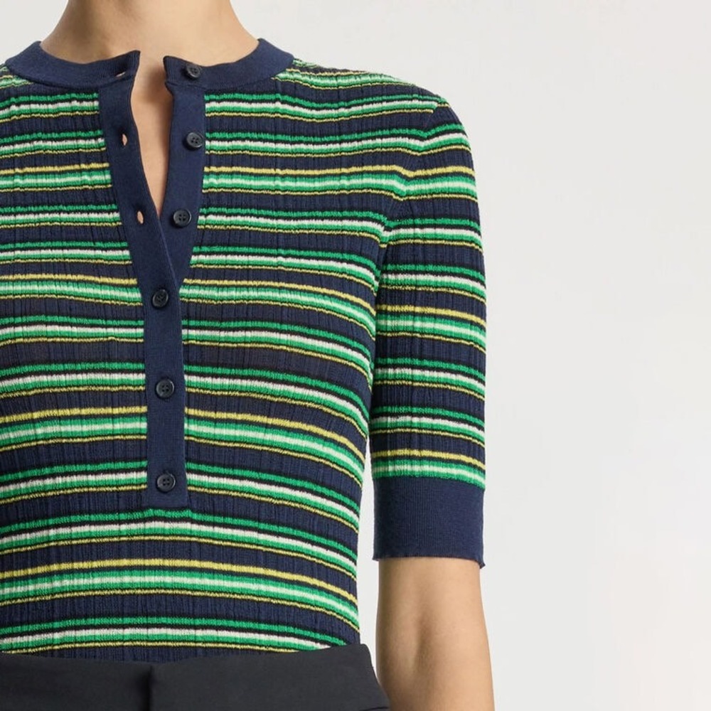 A.L.C. Women Navy Green Striped Ribbed Henley Short Sleeve Knit Top XS
